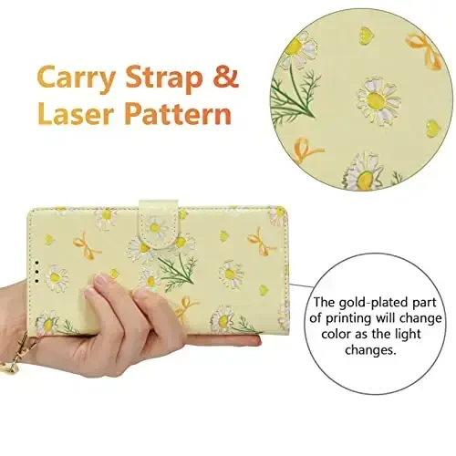 UEEBAI Wallet Case for Samsung Galaxy S24 5G, PU Leather Phone Case Kickstand RFID Blocking Flip Case Card Slots Wrist Strap Relief Engraved Pattern Magnetic Closure Folio Case - Yellow Daisy - 5