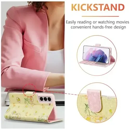 Samsung Galaxy S24 5G uchun UEEBAI hamyon g‘ilofi, PU charm telefon g‘ilofi, RFID blokirovka qiluvchi qopqoqli g‘ilof, karta uyalari, bilak tasmasi, o‘yma naqshli magnit qulfli Folio g‘ilof - Sariq ромашка - 2