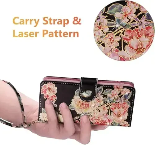 UEEBAI Wallet Case for Samsung Galaxy S24 FE 5G, PU Leather Phone Case Kickstand RFID Blocking Flip Case Card Slots Wrist Strap Relief Engraved Pattern Magnetic Closure Flower Folio Case, Black Rose - 6