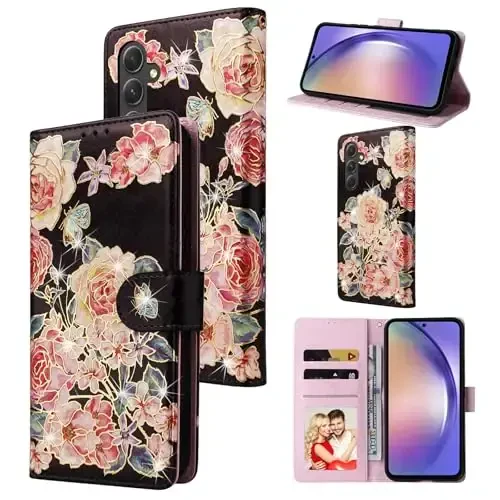 UEEBAI Wallet Case for Samsung Galaxy S24 FE 5G, PU Leather Phone Case Kickstand RFID Blocking Flip Case Card Slots Wrist Strap Relief Engraved Pattern Magnetic Closure Flower Folio Case, Black Rose - UEEBAI