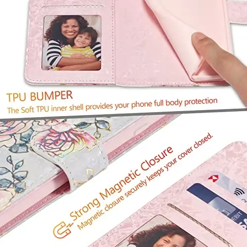 UEEBAI Wallet Case for Samsung Galaxy S24 FE 5G, PU Leather Phone Case Kickstand RFID Blocking Flip Case Card Slots Wrist Strap Relief Engraved Pattern Magnetic Closure Flower Folio Case, Purple Rose - 7