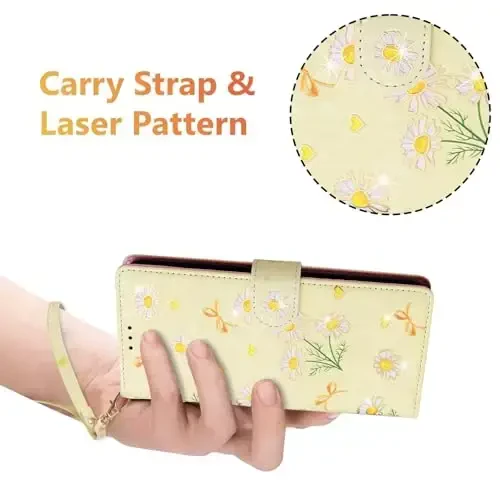 UEEBAI Wallet Case for Samsung Galaxy S24 FE 5G, PU Leather Phone Case Kickstand RFID Blocking Flip Case Card Slots Wrist Strap Relief Engraved Pattern Magnetic Closure Flower Folio Case, Yellow Daisy - 6