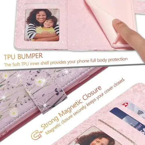 UEEBAI Wallet Case for Samsung Galaxy S24 FE 5G, PU Leather Phone Case Kickstand RFID Blocking Flip Case Card Slots Wrist Strap Relief Engraved Pattern Magnetic Closure Flower Folio Case, Lavender - 7