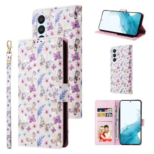 UEEBAI Wallet Case for Samsung Galaxy S24 Plus 5G, PU Leather Phone Case Kickstand RFID Blocking Flip Case Card Slots Wrist Strap Relief Engraved Pattern Magnetic Closure Folio Case - Butterfly - 2