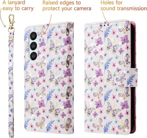 UEEBAI Wallet Case for Samsung Galaxy S24 Plus 5G, PU Leather Phone Case Kickstand RFID Blocking Flip Case Card Slots Wrist Strap Relief Engraved Pattern Magnetic Closure Folio Case - Butterfly - 4