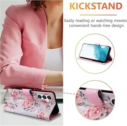 UEEBAI Wallet Case for Samsung Galaxy S24 Plus 5G, PU Leather Phone Case Kickstand RFID Blocking Flip Case Card Slots Wrist Strap Relief Engraved Pattern Magnetic Closure Folio Case - Purple Rose - UEEBAI (1)
