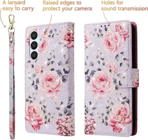 UEEBAI Wallet Case for Samsung Galaxy S24 Plus 5G, PU Leather Phone Case Kickstand RFID Blocking Flip Case Card Slots Wrist Strap Relief Engraved Pattern Magnetic Closure Folio Case - Purple Rose - 3