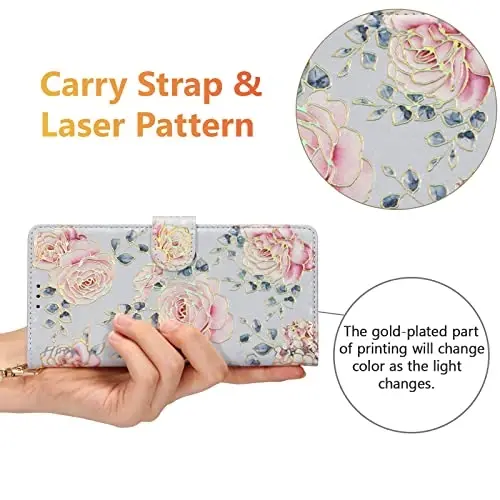 UEEBAI Wallet Case for Samsung Galaxy S24 Plus 5G, PU Leather Phone Case Kickstand RFID Blocking Flip Case Card Slots Wrist Strap Relief Engraved Pattern Magnetic Closure Folio Case - Purple Rose - 6