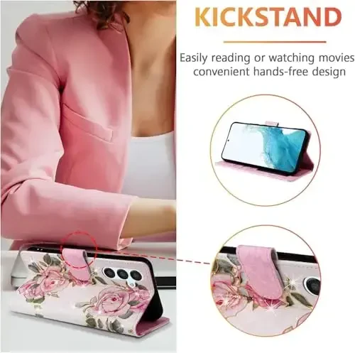 UEEBAI Wallet Case for Samsung Galaxy S24 Plus 5G, PU Leather Phone Case Kickstand RFID Blocking Flip Case Card Slots Wrist Strap Relief Engraved Pattern Magnetic Closure Folio Case - White Rose - UEEBAI (1)