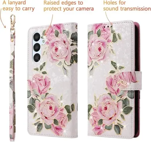 UEEBAI Wallet Case for Samsung Galaxy S24 Plus 5G, PU Leather Phone Case Kickstand RFID Blocking Flip Case Card Slots Wrist Strap Relief Engraved Pattern Magnetic Closure Folio Case - White Rose - 3