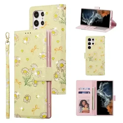 UEEBAI Wallet Case for Samsung Galaxy S24 Ultra 5G, PU Leather Phone Case Kickstand RFID Blocking Flip Case Card Slots Wrist Strap Relief Engraved Pattern Magnetic Closure Folio Case - Yellow Daisy - 1