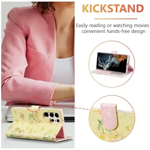 UEEBAI Wallet Case for Samsung Galaxy S24 Ultra 5G, PU Leather Phone Case Kickstand RFID Blocking Flip Case Card Slots Wrist Strap Relief Engraved Pattern Magnetic Closure Folio Case - Yellow Daisy - 2