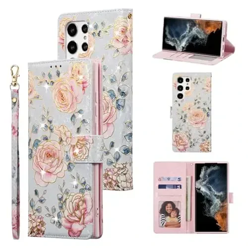 UEEBAI Wallet Case for Samsung Galaxy S24 Ultra 5G, PU Leather Phone Case Kickstand RFID Blocking Flip Case Card Slots Wrist Strap Relief Engraved Pattern Magnetic Closure Folio Case - Purple Rose - UEEBAI
