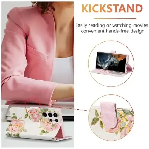 UEEBAI Wallet Case for Samsung Galaxy S24 Ultra 5G, PU Leather Phone Case Kickstand RFID Blocking Flip Case Card Slots Wrist Strap Relief Engraved Pattern Magnetic Closure Folio Case - White Rose - UEEBAI (1)