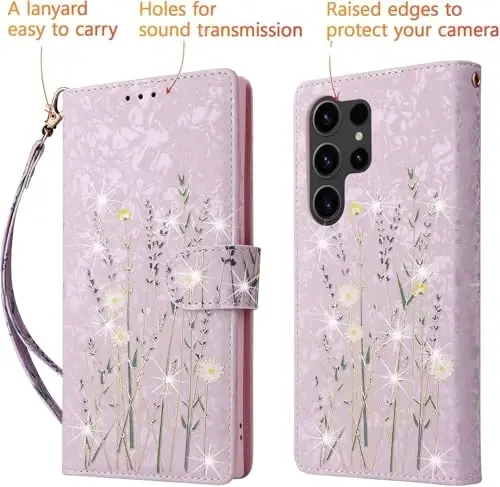 UEEBAI Wallet Case for Samsung Galaxy S24 Ultra 5G, PU Leather Phone Case Kickstand RFID Blocking Flip Case Card Slots Wrist Strap Relief Engraved Pattern Magnetic Closure Folio Case - Lavender - 5