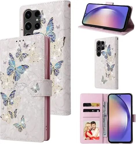 Samsung Galaxy S24 Ultra 5G için UEEBAI Cüzdan Kılıfı, PU Deri Telefon Kılıfı Destek Çubuğu RFID Engelleme Kapaklı Kılıf Kart Yuvası Bilek Kayışı Kabartma Oyma Desen Manyetik Kapanış Folyo Kılıf - Mavi Kelebek - 1
