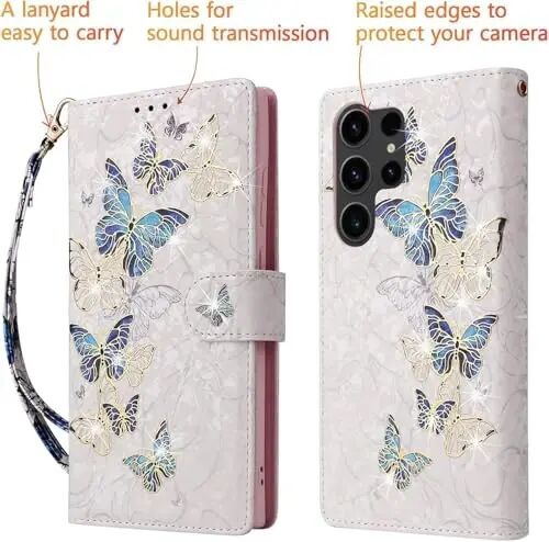 Samsung Galaxy S24 Ultra 5G için UEEBAI Cüzdan Kılıfı, PU Deri Telefon Kılıfı Destek Çubuğu RFID Engelleme Kapaklı Kılıf Kart Yuvası Bilek Kayışı Kabartma Oyma Desen Manyetik Kapanış Folyo Kılıf - Mavi Kelebek - 3
