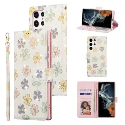 UEEBAI Wallet Case for Samsung Galaxy S24 Ultra 5G, PU Leather Phone Case Kickstand RFID Blocking Flip Case Card Slots Wrist Strap Relief Engraved Pattern Magnetic Closure Folio Case - White Daisy - 1
