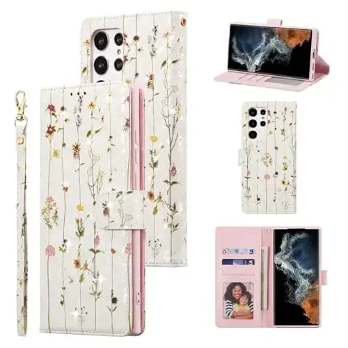 UEEBAI Wallet Case for Samsung Galaxy S24 Ultra 5G, PU Leather Phone Case Kickstand RFID Blocking Flip Case Card Slots Wrist Strap Relief Engraved Pattern Magnetic Closure Folio Case - Vine 