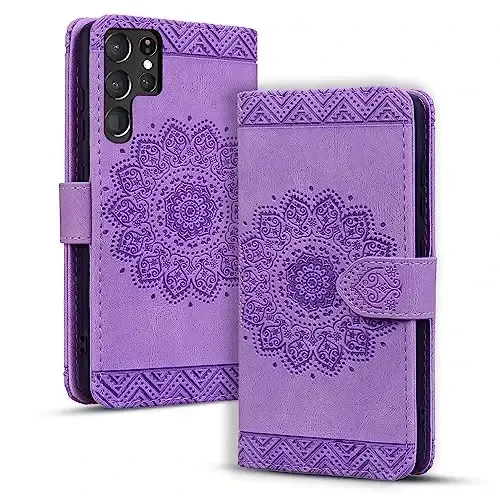 Rosbtib Flip Case for Samsung Galaxy S24 Ultra, Durable PU Leather Wallet Case with Card Holder Protective Cover for Galaxy S24 Ultra - Mandala Purple 