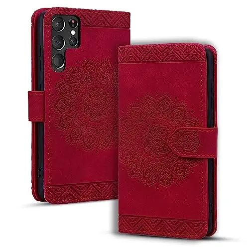Rosbtib Flip Case for Samsung Galaxy S24 Ultra, Durable PU Leather Wallet Case with Card Holder Protective Cover for Galaxy S24 Ultra - Mandala Red - 1