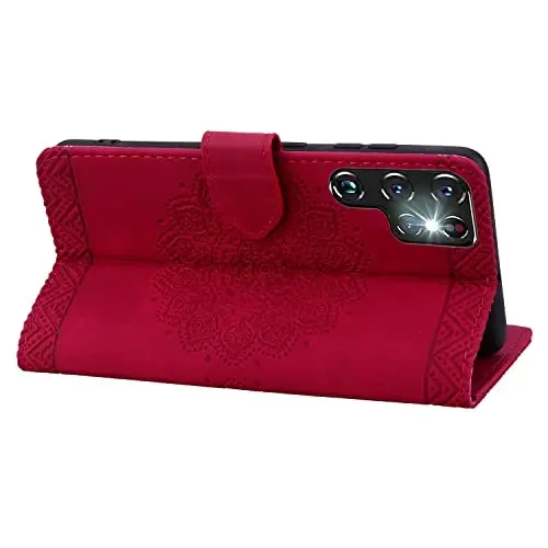 Rosbtib Flip Case for Samsung Galaxy S24 Ultra, Durable PU Leather Wallet Case with Card Holder Protective Cover for Galaxy S24 Ultra - Mandala Red - 3