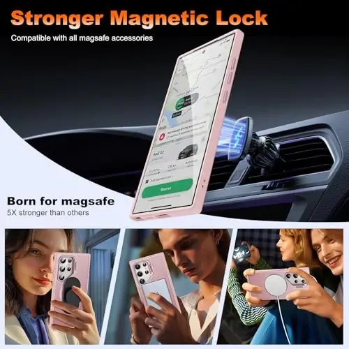 JAME for Samsung Galaxy S24 Ultra Case, Slim S24 Ultra Case with Stand, [Compatible with MagSafe], Built-in Camera Stand Translucent Matte Phone Case for S24 Ultra, Stand Pink - 4