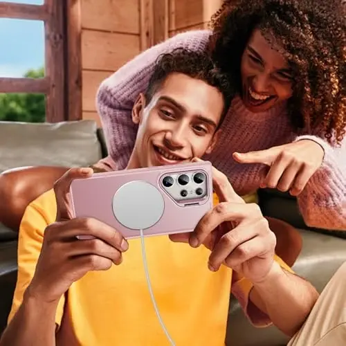 JAME for Samsung Galaxy S24 Ultra Case, Slim S24 Ultra Case with Stand, [Compatible with MagSafe], Built-in Camera Stand Translucent Matte Phone Case for S24 Ultra, Stand Pink - 5