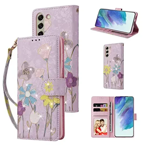 UEEBAI Wallet Case for Samsung Galaxy S25 5G, Leather Phone Wallet Kickstand RFID Blocking Flip Case Card Slots Wrist Strap Relief Engraved Pattern Magnetic Closure Flower Cover, Sunflower - UEEBAI