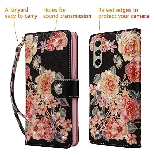 UEEBAI Wallet Case for Samsung Galaxy S25 5G, Leather Phone Wallet Kickstand RFID Blocking Flip Case Card Slots Wrist Strap Relief Engraved Pattern Magnetic Closure Flower Cover, Black Rose - 6
