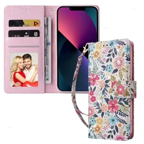 UEEBAI Wallet Case for Samsung Galaxy S25 5G, Leather Phone Wallet Kickstand RFID Blocking Flip Case Card Slots Wrist Strap Relief Engraved Pattern Magnetic Closure Flower Cover, Multi-Flower - 6