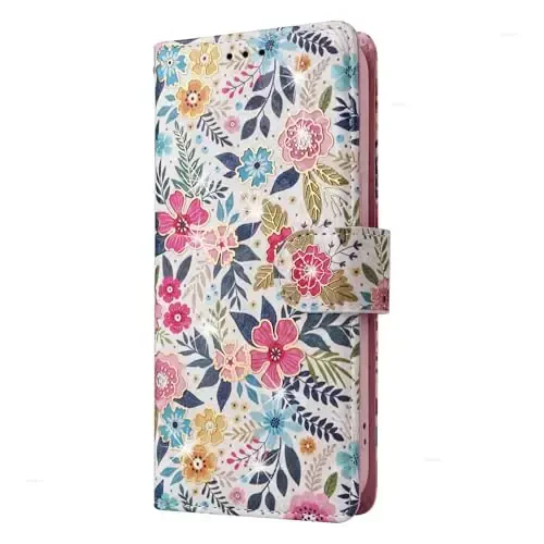 UEEBAI Wallet Case for Samsung Galaxy S25 5G, Leather Phone Wallet Kickstand RFID Blocking Flip Case Card Slots Wrist Strap Relief Engraved Pattern Magnetic Closure Flower Cover, Multi-Flower - 7