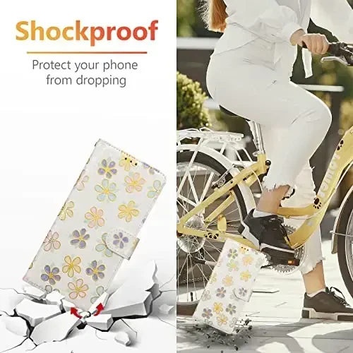 UEEBAI Wallet Case for Samsung Galaxy S25 5G, PU Leather Phone Case Kickstand RFID Blocking Flip Case Card Slots Wrist Strap Relief Engraved Pattern Magnetic Closure Flower Folio Case, White Daisy - 6