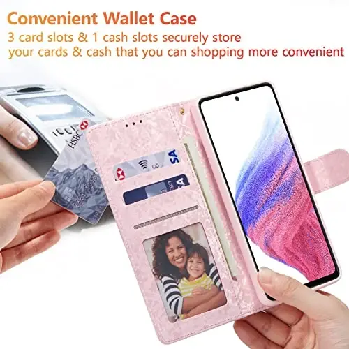 UEEBAI Wallet Case for Samsung Galaxy S25 5G, PU Leather Phone Case Kickstand RFID Blocking Flip Case Card Slots Wrist Strap Relief Engraved Pattern Magnetic Closure Flower Folio Case, Blue Butterfly - 3