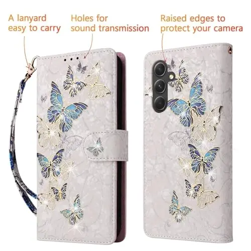 UEEBAI Wallet Case for Samsung Galaxy S25 5G, PU Leather Phone Case Kickstand RFID Blocking Flip Case Card Slots Wrist Strap Relief Engraved Pattern Magnetic Closure Flower Folio Case, Blue Butterfly - 5