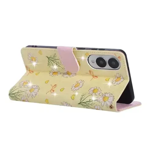 UEEBAI Wallet Case for Samsung Galaxy S25 Edge 5G, PU Leather Phone Case Kickstand RFID Blocking Flip Case Card Slots Wrist Strap Relief Engraved Pattern Magnetic Closure Flower Case, Yellow Daisy - 3