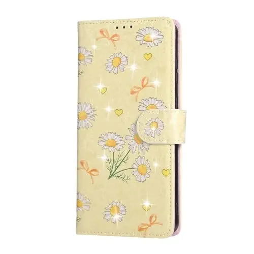 UEEBAI Wallet Case for Samsung Galaxy S25 Edge 5G, PU Leather Phone Case Kickstand RFID Blocking Flip Case Card Slots Wrist Strap Relief Engraved Pattern Magnetic Closure Flower Case, Yellow Daisy - 7