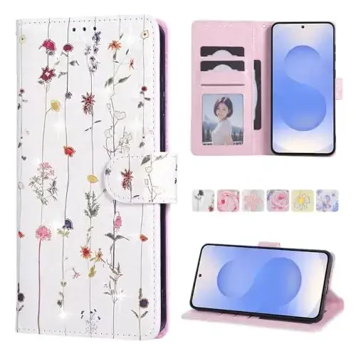 UEEBAI Wallet Case for Samsung Galaxy S25 Edge 5G, PU Leather Phone Case Kickstand RFID Blocking Flip Case Card Slots Wrist Strap Relief Engraved Pattern Magnetic Closure Flower Folio Case, Vine 