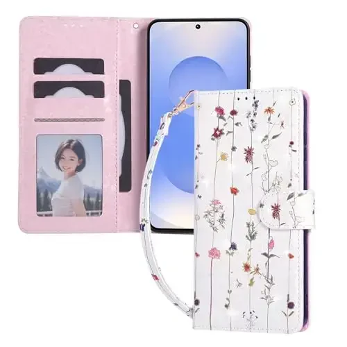 UEEBAI Wallet Case for Samsung Galaxy S25 Edge 5G, PU Leather Phone Cover Kickstand RFID Blocking Flip Case Card Slots Wrist Strap Relief Engraved Pattern Magnetic Closure Flower Folio Cover, Vine - UEEBAI (1)