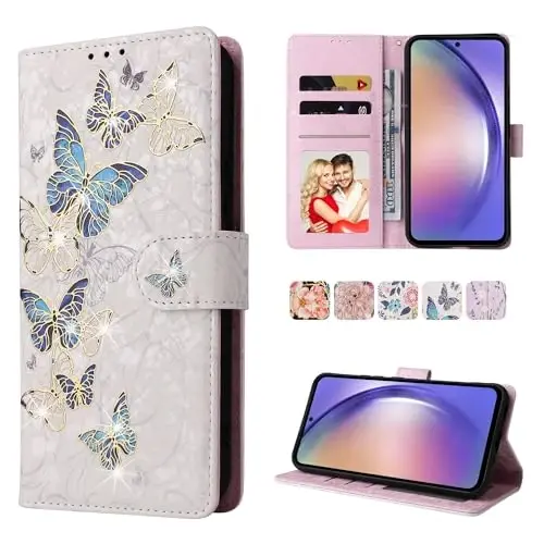 UEEBAI Wallet Case for Samsung Galaxy S25 Edge 5G, PU Leather Phone Case Kickstand RFID Blocking Flip Case Card Slots Wrist Strap Relief Engraved Pattern Magnetic Closure Flower Case, Blue Butterfly - 1