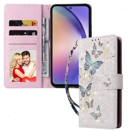 UEEBAI Wallet Case for Samsung Galaxy S25 Edge 5G, PU Leather Phone Case Kickstand RFID Blocking Flip Case Card Slots Wrist Strap Relief Engraved Pattern Magnetic Closure Flower Case, Blue Butterfly - 2