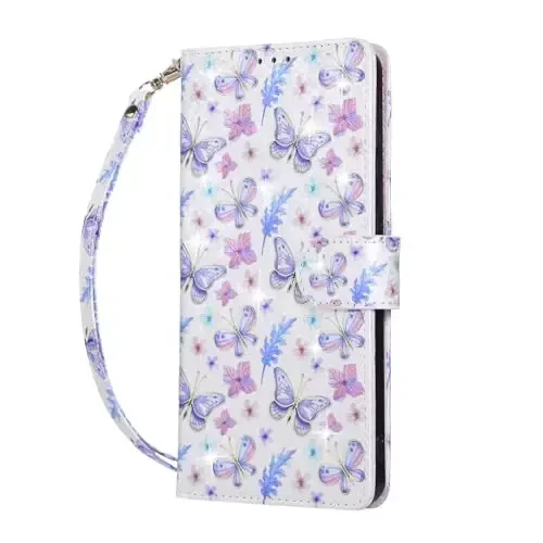 UEEBAI Wallet Case for Samsung Galaxy S25 Edge 5G, PU Leather Phone Cover Kickstand RFID Blocking Flip Case Card Slots Wrist Strap Relief Engraved Pattern Magnetic Closure Flower Cover, Butterfly - 5