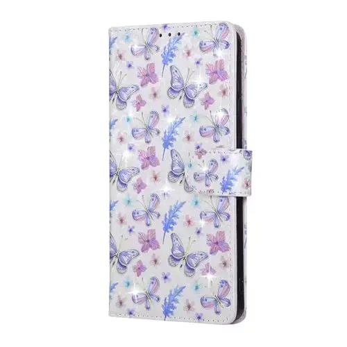 UEEBAI Wallet Case for Samsung Galaxy S25 Edge 5G, PU Leather Phone Cover Kickstand RFID Blocking Flip Case Card Slots Wrist Strap Relief Engraved Pattern Magnetic Closure Flower Cover, Butterfly - 7
