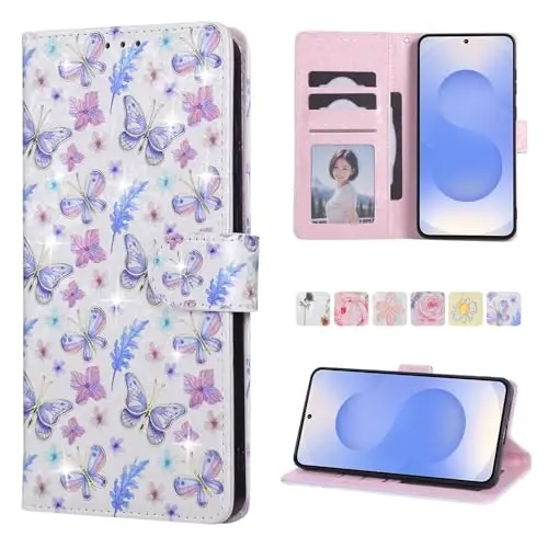 UEEBAI Wallet Case for Samsung Galaxy S25 Edge 5G, PU Leather Phone Cover Kickstand RFID Blocking Flip Case Card Slots Wrist Strap Relief Engraved Pattern Magnetic Closure Flower Cover, Butterfly 