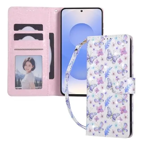 UEEBAI Wallet Case for Samsung Galaxy S25 Edge 5G, PU Leather Phone Cover Kickstand RFID Blocking Flip Case Card Slots Wrist Strap Relief Engraved Pattern Magnetic Closure Flower Cover, Butterfly - UEEBAI (1)