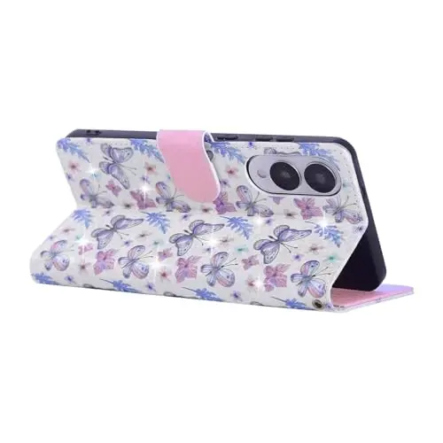 UEEBAI Wallet Case for Samsung Galaxy S25 Edge 5G, PU Leather Phone Cover Kickstand RFID Blocking Flip Case Card Slots Wrist Strap Relief Engraved Pattern Magnetic Closure Flower Cover, Butterfly - 3