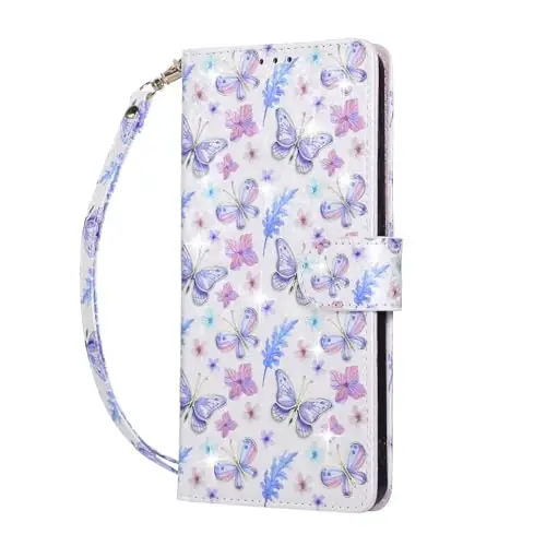 UEEBAI Wallet Case for Samsung Galaxy S25 Edge 5G, PU Leather Phone Cover Kickstand RFID Blocking Flip Case Card Slots Wrist Strap Relief Engraved Pattern Magnetic Closure Flower Cover, Butterfly - 5
