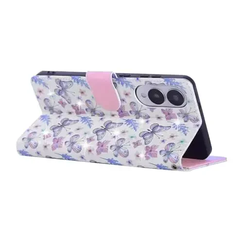 UEEBAI Wallet Case for Samsung Galaxy S25 Edge 5G, PU Leather Phone Case Kickstand RFID Blocking Flip Case Card Slots Wrist Strap Relief Engraved Pattern Magnetic Closure Flower Case, Butterfly - 3