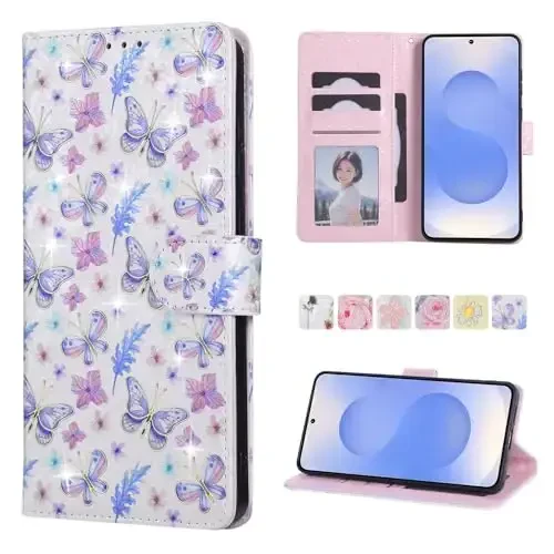 UEEBAI Wallet Case for Samsung Galaxy S25 Edge 5G, PU Leather Phone Cover Kickstand RFID Blocking Flip Case Card Slots Wrist Strap Relief Engraved Pattern Magnetic Closure Flower Cover, Butterfly - UEEBAI