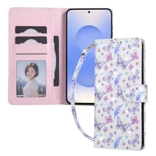 UEEBAI Wallet Case for Samsung Galaxy S25 Edge 5G, PU Leather Phone Cover Kickstand RFID Blocking Flip Case Card Slots Wrist Strap Relief Engraved Pattern Magnetic Closure Flower Cover, Butterfly - UEEBAI (1)